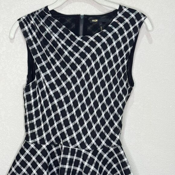 Maje Reine Check Plaid Skater Dress US Size XS (1) Black White Check Full Skirt - Picture 6 of 12